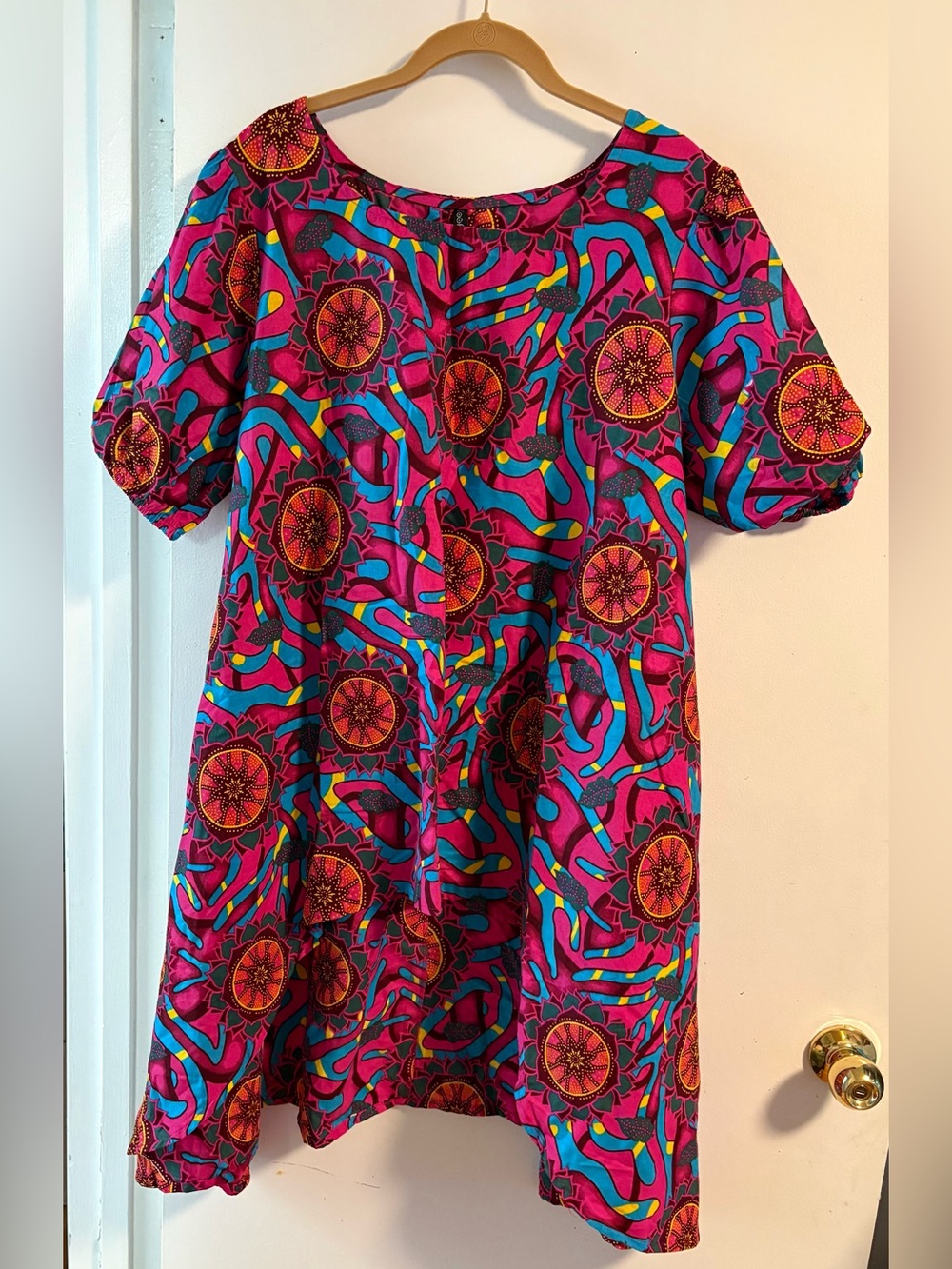 NWOT Vibrant Pink & Turquoise Printed 100% Cotton Tunic Dress with Puff Sleeves